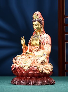 黄铜观音家用客厅摆件南海坐莲黄铜菩萨全铜居家观世音套装