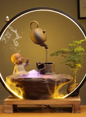 悬空茶壶招财流水摆件雾化加湿器办公室客厅灯圈倒流香炉禅意景观