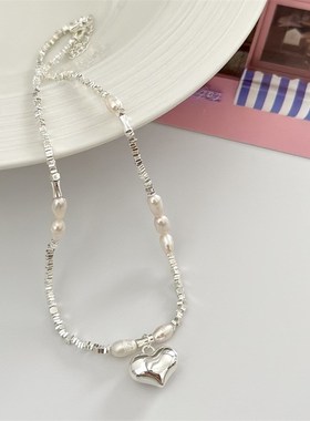 时尚轻奢风碎银子爱心吊坠项链 气质淡水珍珠锁骨链女厂家