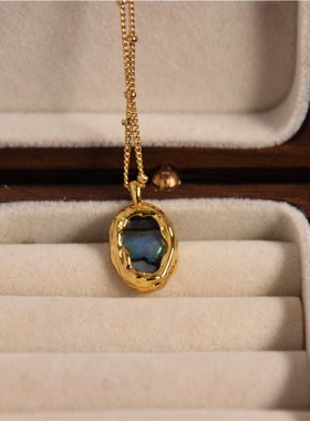 风乍暖,日初长i,袅垂杨。小众设计感铜镀真金鲍鱼贝项链耳环套装