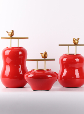 简约新中式样板房k古韵陶瓷储物罐摆件客厅玄关古典红色软装配饰