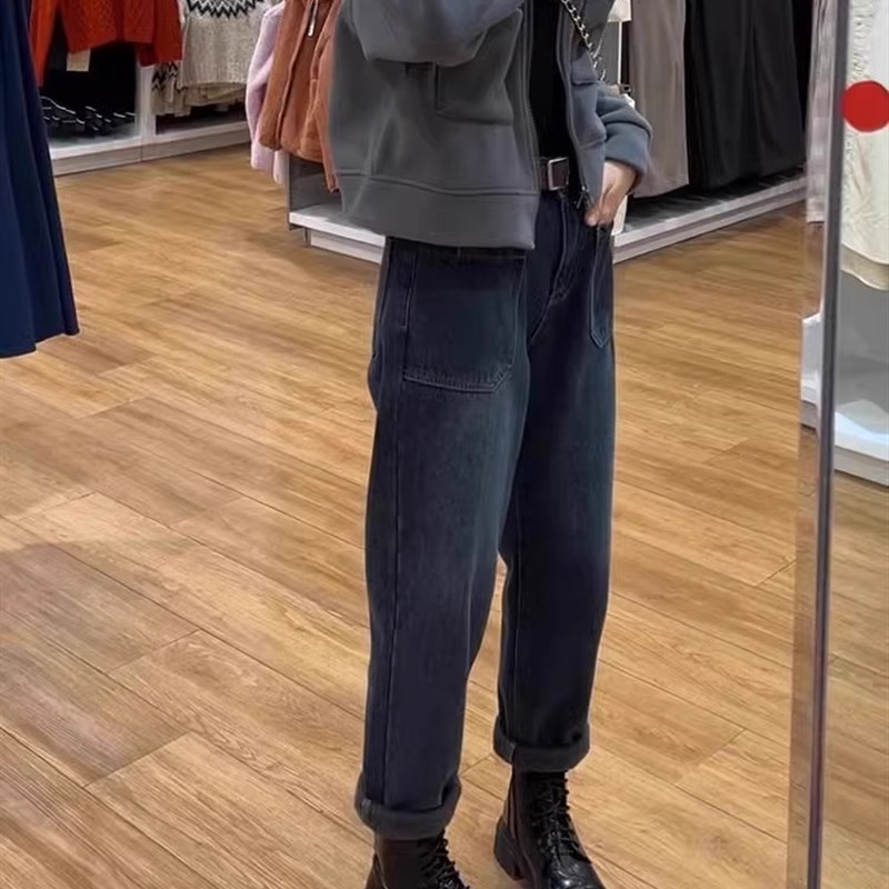 大码女装哈伦老爹裤新款2024微胖mm显瘦加绒萝卜梨形身材牛仔裤子 - 图0