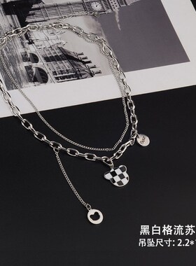 黑白格流苏小熊钛钢链男女insA甜酷风个性拼接小熊吊坠多层锁骨链