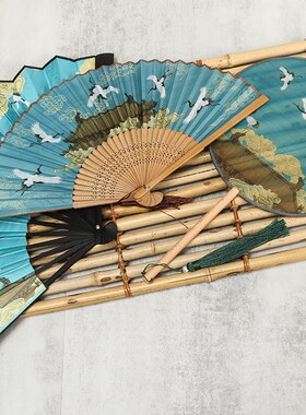 中国风折扇绢扇宋徽宗瑞鹤图古风男女扇舞蹈团扇拍摄国.潮扇子