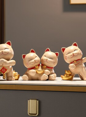 一家三口招财猫进门客厅玄关电视柜氛围装饰摆件搬家乔迁之喜礼品
