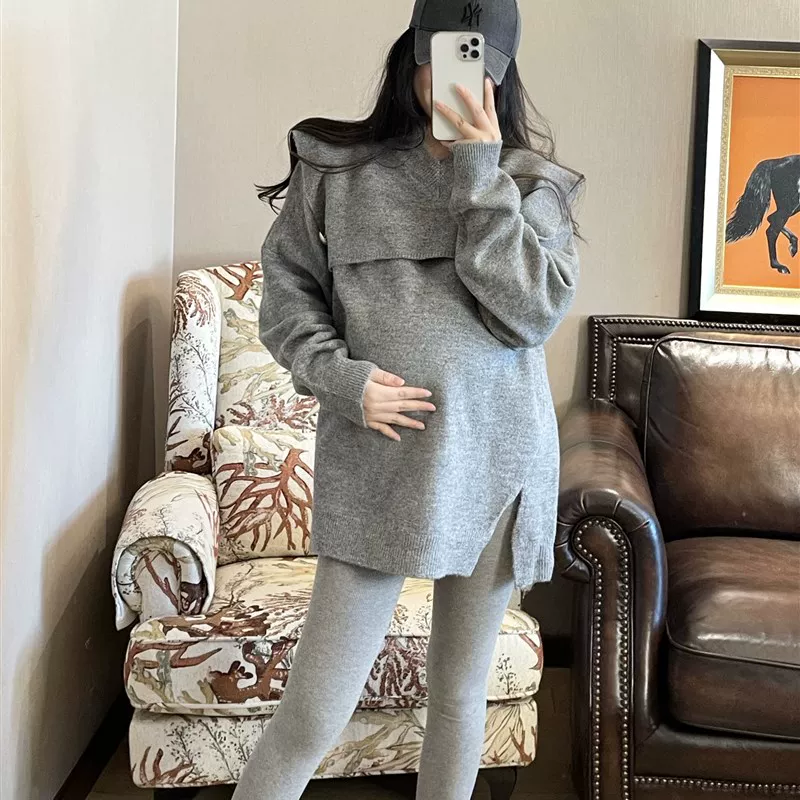Woolen sweater for pregnant, autumn set, 2021 collection, V-neckline, plus size, internet celebrity, western style, oversize