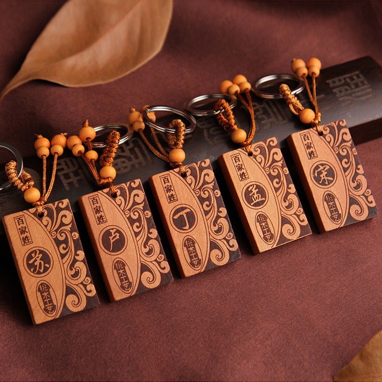 Mahogany of key chain pendant surnames totem wood carving - 图1