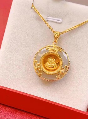 天然时来运佛磨砂金白玉吊坠复古锁骨链饰品送妈妈项坠/项链女