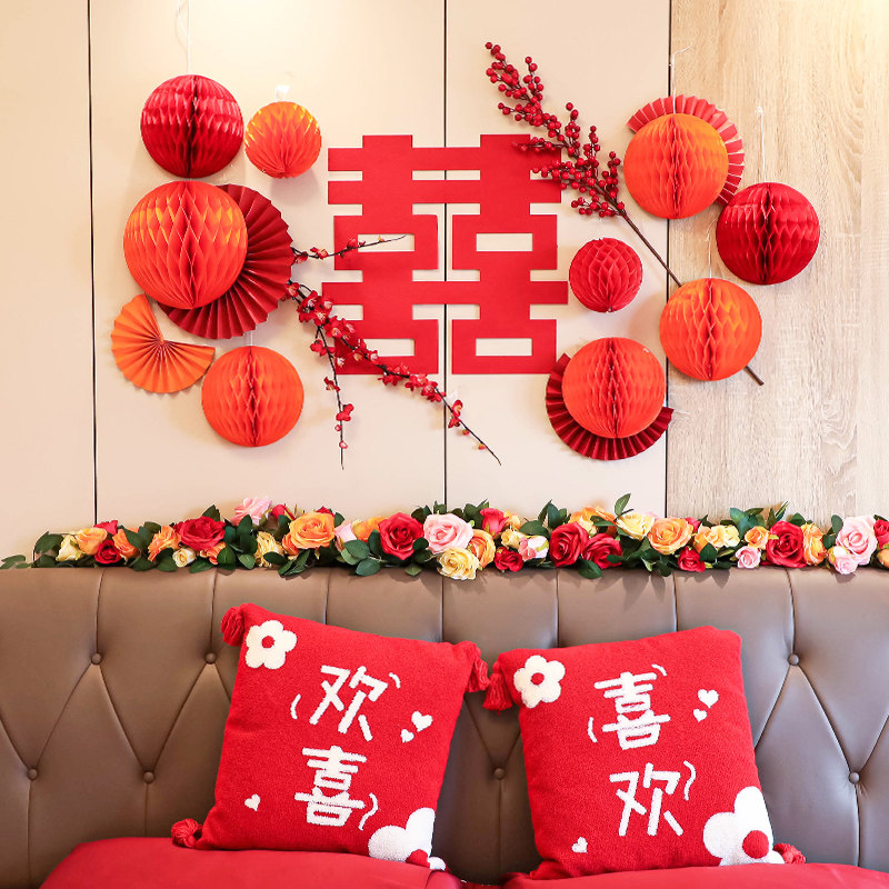 婚房布置套装结婚礼装饰新房卧室客厅男女方背景墙喜字拉花蜂窝球,淘宝优惠券,粉丝福利购,淘宝优惠卷