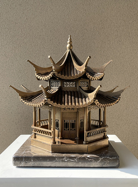 中国古建筑木模型中式古代木质E拼装建筑成品古铜色模型摆件