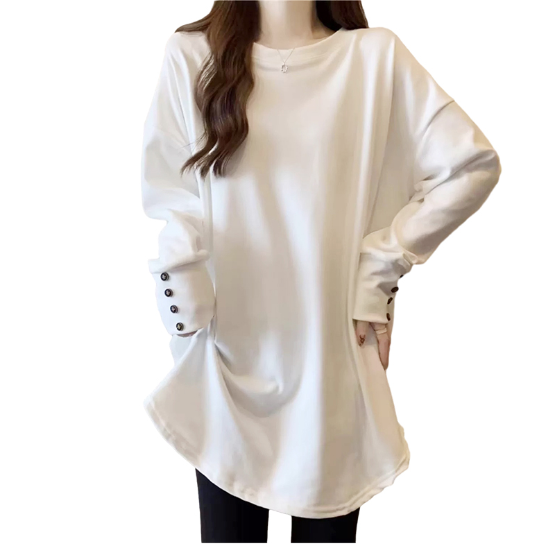 大尺码女装打底衫秋冬加绒加厚白色中长版保暖胖mm200W斤宽松T恤