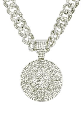 欧美嘻哈立体镶钻数字7圆u牌吊坠项链 男士霸气潮人街舞古巴链配