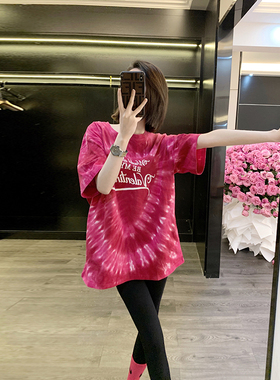 潮牌时尚洋气印花短袖t恤女2023夏宽松大版中长款下衣失踪上衣