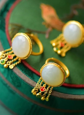 天然白玉戒指小众设计复古民族风流苏圆J形蛋面开口戒女婉约气质