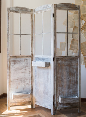 田园复古折叠屏风l实木玄关隔断花架橱窗镂空遮挡服装店落地式摆