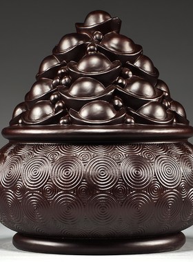 黑檀木雕聚宝盆摆件客厅实木家居玄关电视柜装饰公司店铺摆设送礼