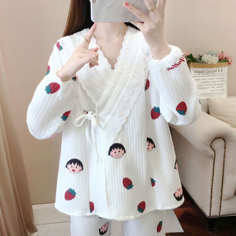 秋冬季纯棉夹棉月子服和服款孕妇睡衣加厚产后10月份11哺乳喂奶衣