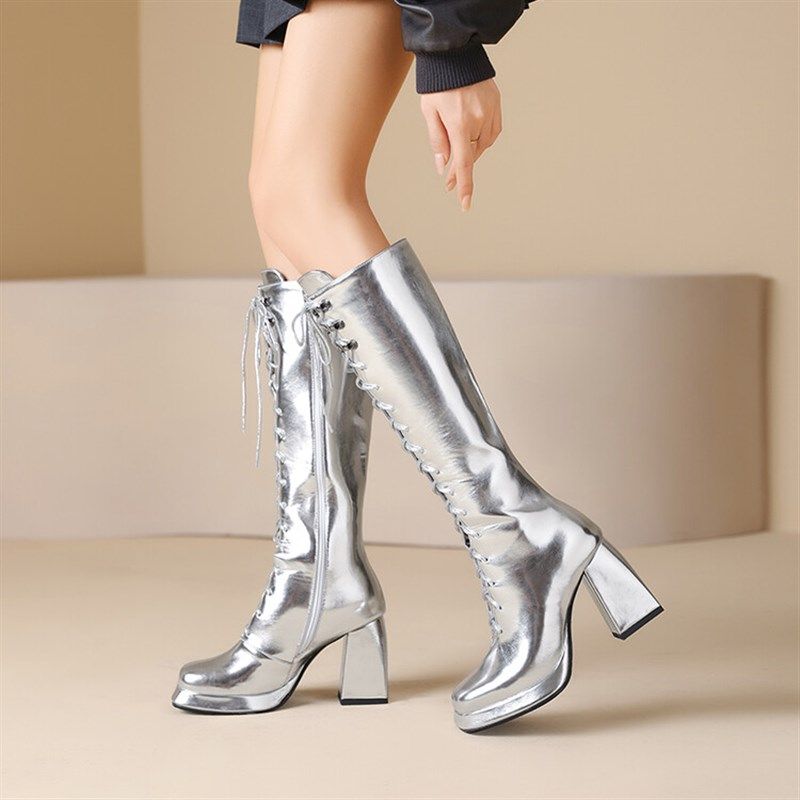 模特表演比赛大码走秀高跟女鞋金色银色亮漆皮长靴粗跟高筒马丁靴,淘宝优惠券,粉丝福利购,淘宝优惠卷