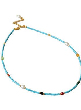 法式Vintage复古西洋宫廷风极细蓝色松石串珠R宝石极细项链锁骨链