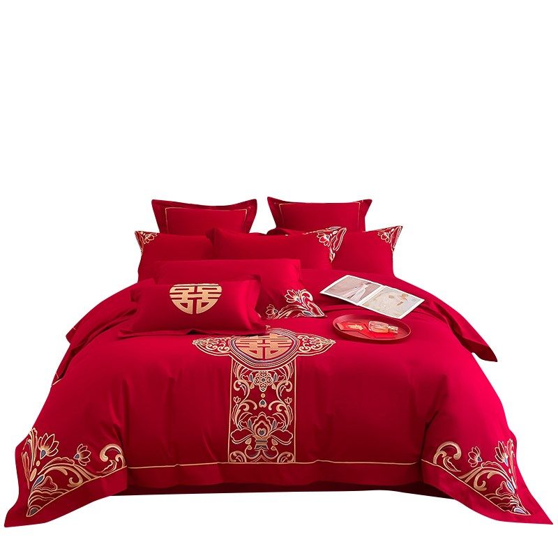 新中式龙凤刺绣100支婚庆四件套大红色床单被套结婚床上用品4,淘宝优惠券,粉丝福利购,淘宝优惠卷