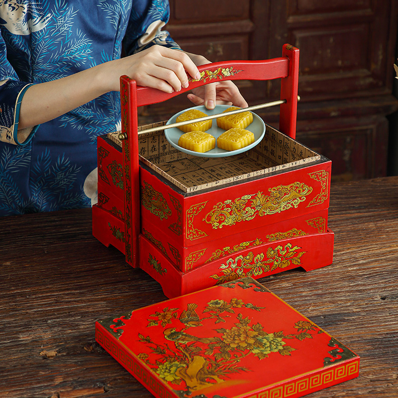 仿古新中式手提篮多层道具送餐饭盒木质食盒结婚庆陪嫁红色复古装-图0