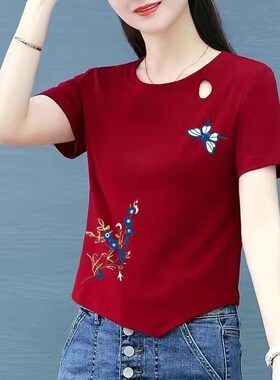 文艺复古花朵印花圆领短袖T恤女夏季新款修身百搭短款上衣女潮流