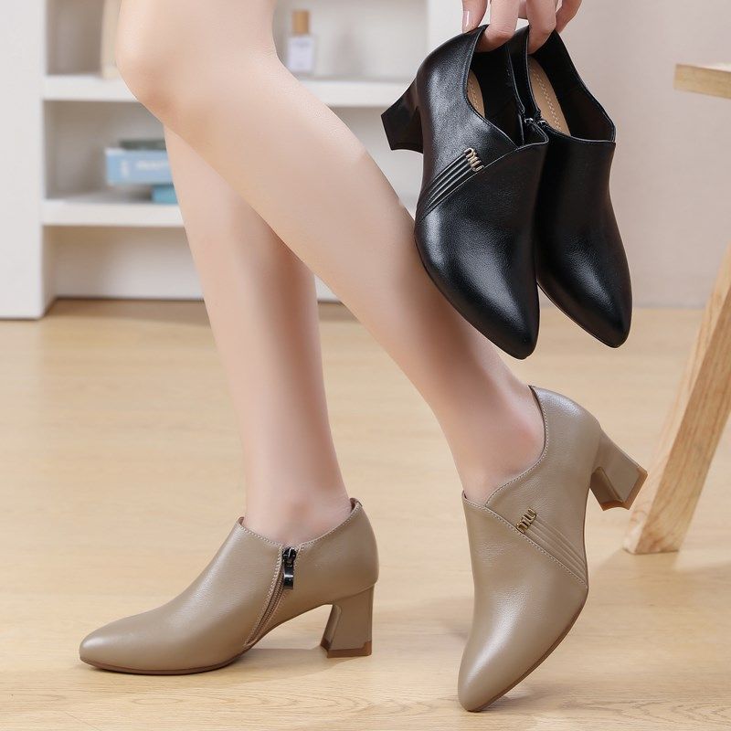 真皮粗跟单鞋2024春秋百搭尖头女鞋中跟软底皮鞋卡其色深口工作鞋,淘宝优惠券,粉丝福利购,淘宝优惠卷