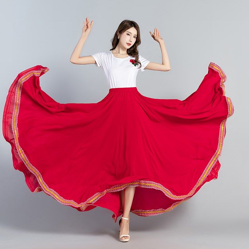 蕗依纯红色半身长裙女a字春夏雪纺显瘦新疆广场舞裙大摆720垂坠感,淘宝优惠券,粉丝福利购,淘宝优惠卷