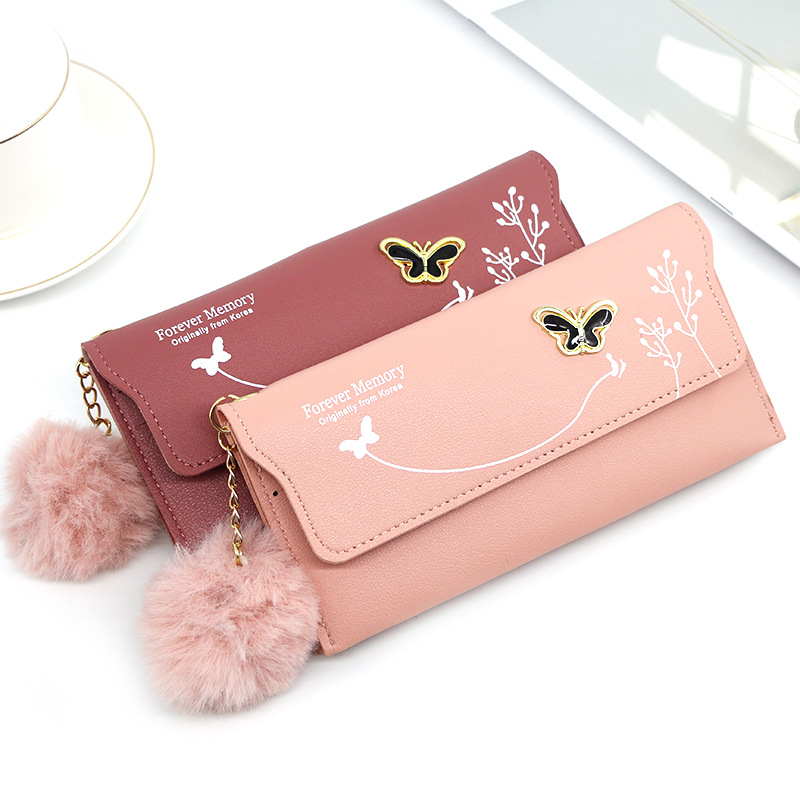 网红Fashionable New Women Long Wallets Pure Color Wool Ball - 图0