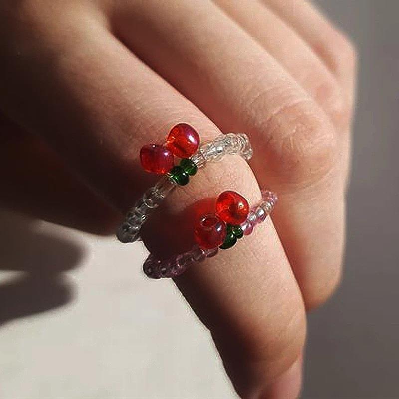 推荐Elastic crystal bead ring summer cherry fruit ring femal - 图0