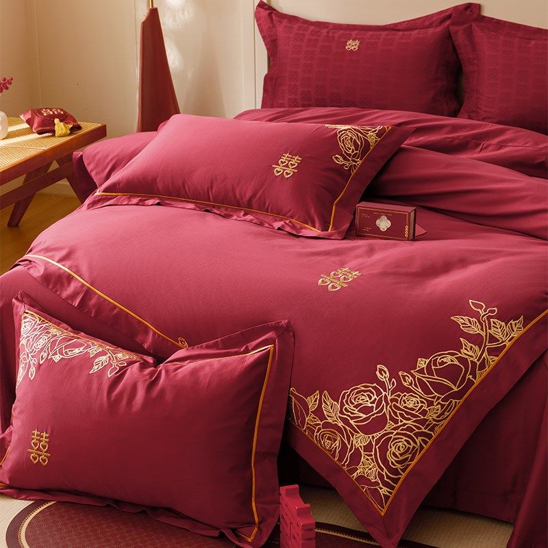 简约中式婚礼床品四件套全棉100支澳棉红色结婚被套床单1.8床笠,淘宝优惠券,粉丝福利购,淘宝优惠卷