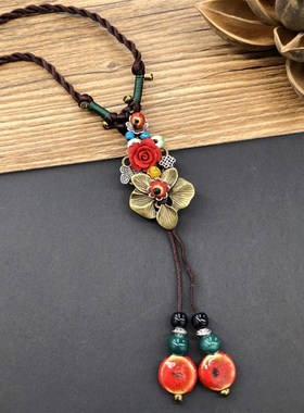 民族风复古文艺棉麻陶瓷项链 女森系百搭长款毛衣链流苏挂件配饰