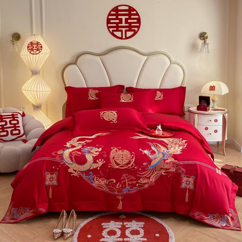新中式龙凤刺绣结婚四件套全棉2024新款红色被套婚庆床上用品,淘宝优惠券,粉丝福利购,淘宝优惠卷