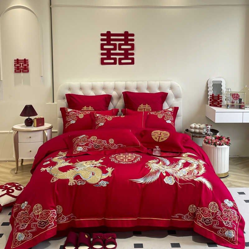 龙凤刺绣婚庆四件套大红色全棉新婚床单被罩结婚床上用品,淘宝优惠券,粉丝福利购,淘宝优惠卷