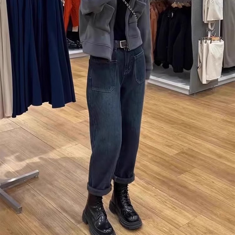 大码女装哈伦老爹裤新款2024微胖mm显瘦加绒萝卜梨形身材牛仔裤子 - 图2