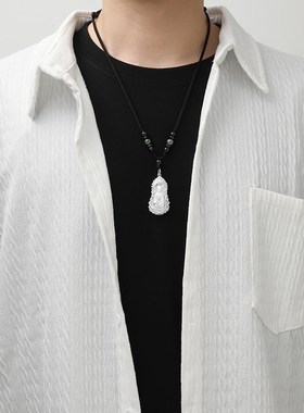990纯银观世音项链男士轻奢小众编绳吊坠潮流百搭菩萨护身银颈饰