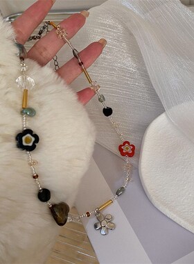 琉璃花朵水晶碎石串珠森系项链小众设计感超仙锁骨链女卫衣毛衣链