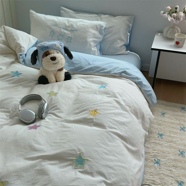 Li Meng Blue Sweet Star Cute Washed Cotton Four Y-Piece Set Full Cotton Bed Sheet Quilt Cover Bedding