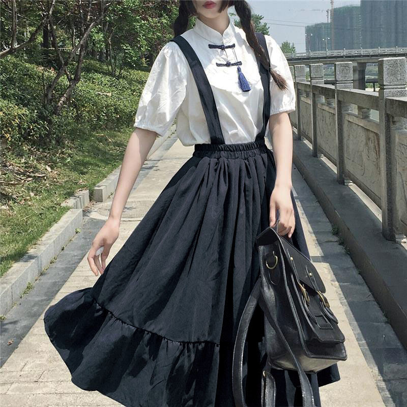 新品New Sweet Women Skirt Preppy Style Strap Long Skirt Ruff - 图1