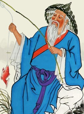 姜太公钓鱼图卷轴画渔具店装饰画姜子牙人物画客厅书房丝绸画挂画