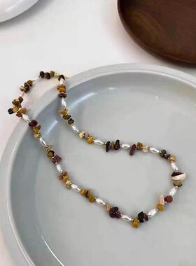新款彩色碎石珍珠m项链女生新中式小众复古禅意古风潮流配饰锁骨