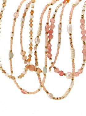 新款彩色天然石手工串珠钛钢项链时E尚轻奢百搭高级感淡水珍珠吊