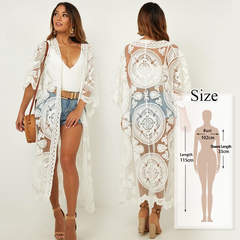 Bikini Cover-ups Beach Sarong White Lace Long Kimono Cardiga - 图0