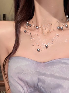 人鱼泡沫~纯欲风珠光瀑布多层珍珠满天星项链法式轻奢超仙锁骨链