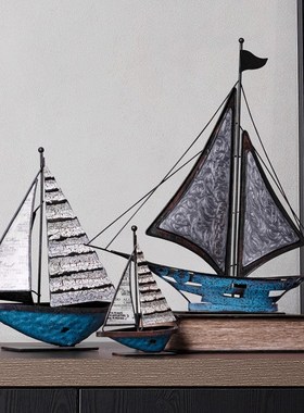 北欧乡村做旧铁艺帆船摆件办公室办公桌书架客厅电视柜家居装饰品