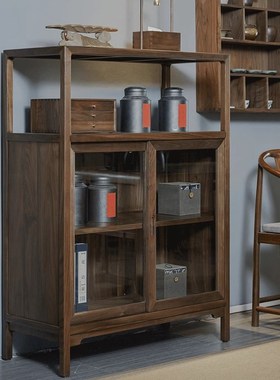 玻璃门置物架边柜新中式北美黑胡桃木实木餐边柜餐厅茶室收纳储物