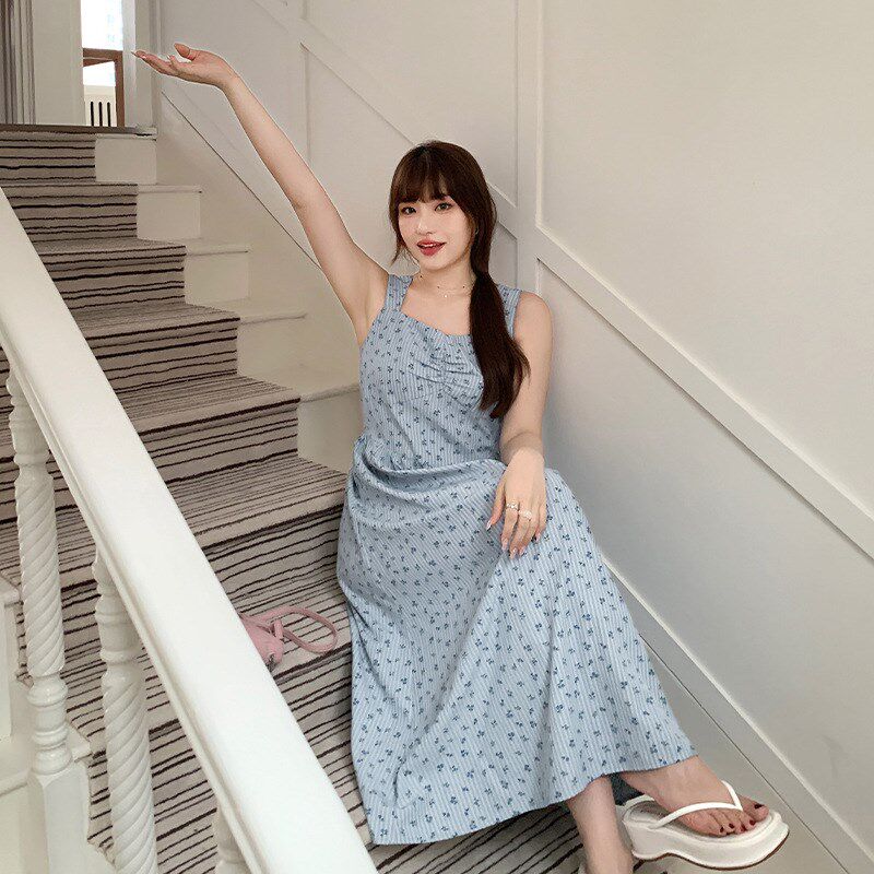 森系田园风碎花h宽肩吊带连衣裙女夏大码胖mm显瘦内搭长裙子62966
