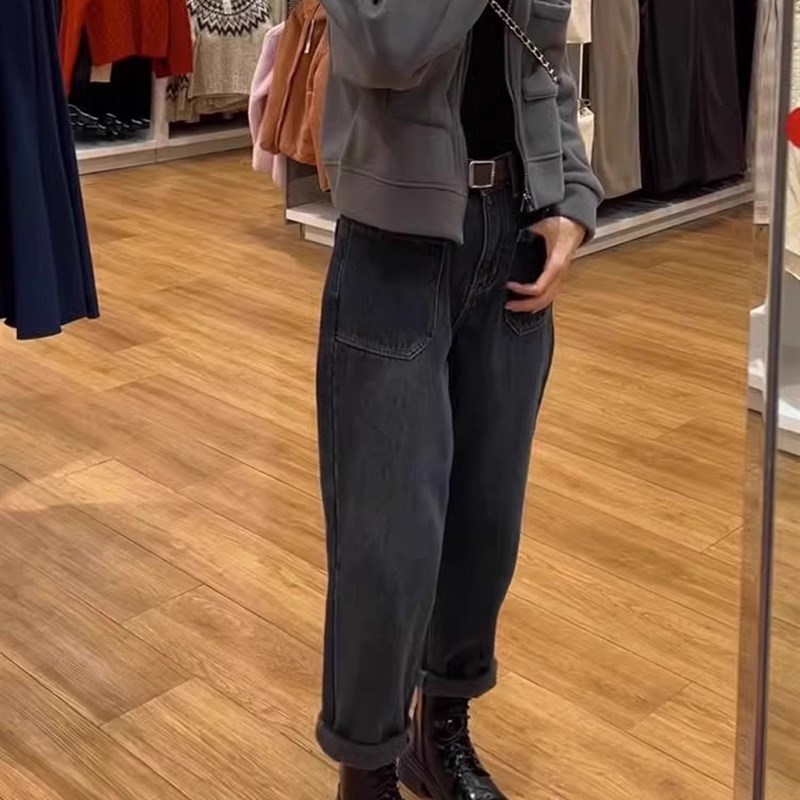 大码女装哈伦老爹裤新款2024微胖mm显瘦加绒萝卜梨形身材牛仔裤子 - 图1