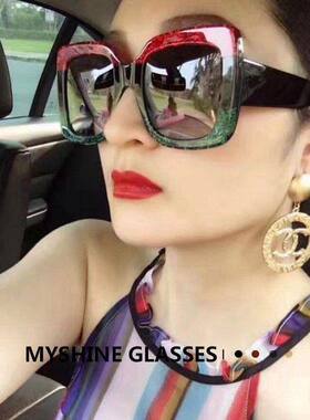 超大四方框三色撞色墨镜欧美大框圆脸女太阳镜拼接色方形驾驶眼镜