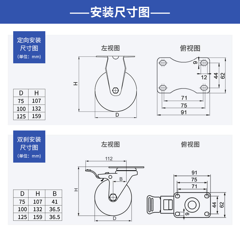 易得力不锈钢脚轮中型3寸4寸5寸定向万向刹车聚氨酯PU脚轮S54-75-图1